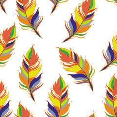 Bright feather print. White background. Summer Seamless pattern. Colorful Vector illustration