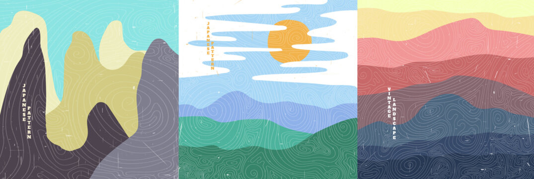 Vector illustration landscape. Japanese wave pattern. Mountain background. Asian style. Design for social media wallpaper, blog post template. Old paper with scratches, Colorful backdrop