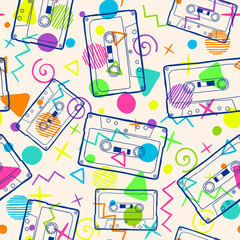 Seamless pattern with old school cassette tapes and neon colored 80s style doodles
