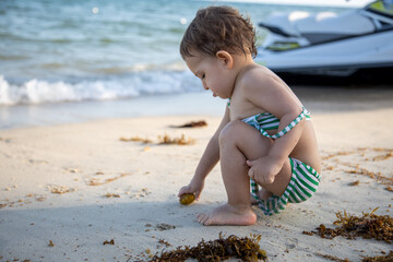 little cheerful happy kid playing with a plant sitting on the seashore