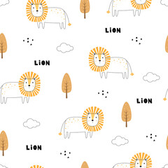 Seamless lion and tree pattern Hand drawn cartoon animal background
