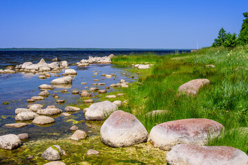 Baltic sea. Picturesque coast with boulders on the Gulf of Finland, Kiperort Peninsula near Primorsk town, Leningrad region, Russia