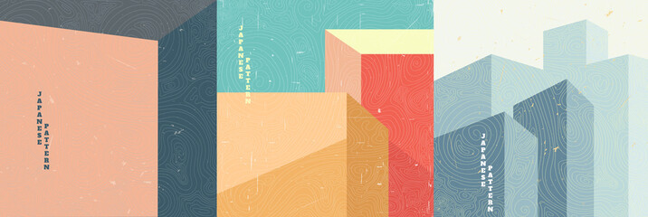 Vector illustration. Modern art background. Color wallpapers set. Minimalist graphic design for banner, blog post, social media. Buildings in geometric style. Retro graphic