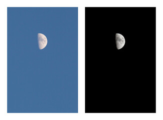Moon day and night. Collage. Two photos from one point at different times of the day