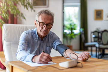 Senior man using medical device to measure blood pressure
 - obrazy, fototapety, plakaty