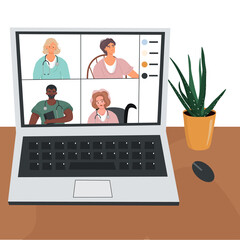 Online meeting of doctors and nurses. Nice vector flat illustration with doctors who communicate via video. Work during a pandemic. A study with a laptop and a flower on white background.
