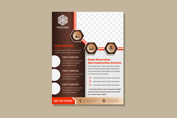 Flyer design design template for home renovation and construction development program. Corporate business report cover, brochure design. Leaflet presentation. space for photo collage in circle
