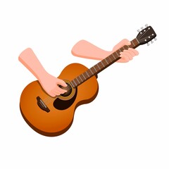 Obraz na płótnie Canvas Hand holding acoustic guitar. wooden classic guitar music instrument in cartoon illustration vector on white background