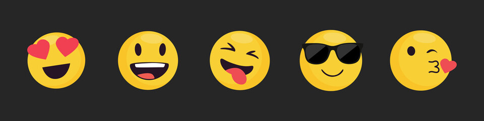 Set of happy emoticons. Face in glasses. Face shows tongue