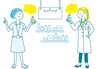 薬局のスタッフとビタミン剤/売り場/POP