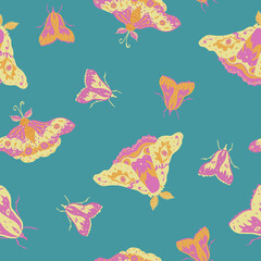 Summer vector seamless pattern with bright moths on turquoise blue background