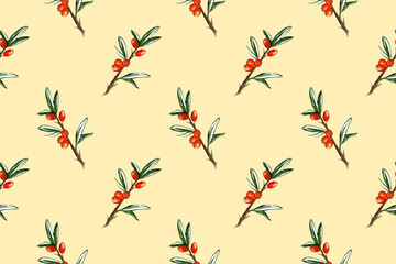 Sea buckthorn hand drawn seamless pattern. Watercolor drawing isolated on white background. Orange berries on the branch. Botanical picture