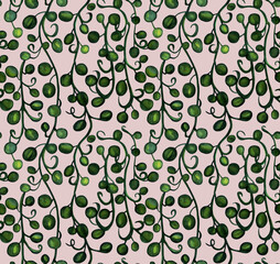 Hanging branches of grapes, watercolor painting. Seamless pattern isolated on beige, nude background. Botanical illustration. Design for fabric, baby room, packaging, print, wrapping paper.