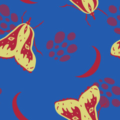 Vector seamless pattern with yellow moths, red moons and spots on bright blue background