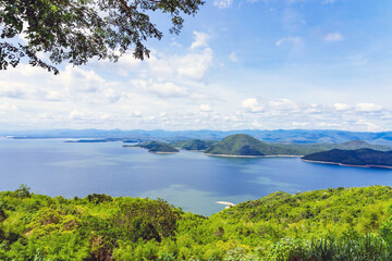 Beautiful scenery views of nature with a large reservoir above the Srinagarind Dam in Si Sawat District, Kanchanaburi Thailand.