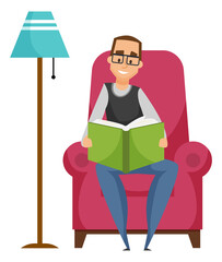 Man reading book, leisure or hobby of person. Smiling male character wearing glasses sitting on armchair near lamp, holding literature, relaxation vector