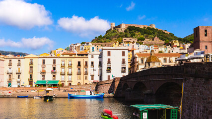 View of Bosa, Sardinia, Italy, boats and river