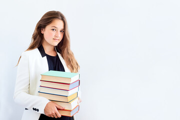 Teenage student girl in white blazer holding in hands pile of books looking at camera over white background