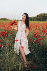 Portrait of a beautiful cute brunette girl in poppy field at sunset