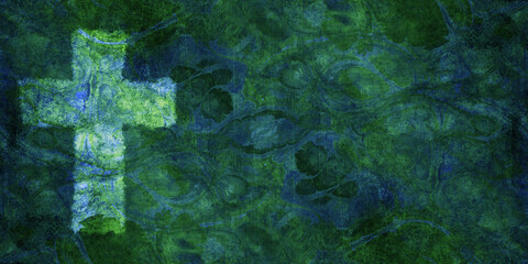 light rough cross on dark turbulent marbled design blue green