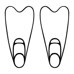 Underwater equipment. Flippers. Sketch.Vector illustration. Outline on an isolated white background. Doodle style. Device for diving under water. Rubber swimming shoes. Diver workwear. Oar. Fin.