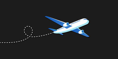 Airplane on a blue sky background with clouds with start point and dash line trace vector