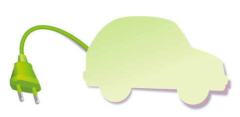 Electric car symbol. Green plug with sticky note, symbolic for eco friendly alternative energy and modern environmental automobil technology. Vector on white background.
