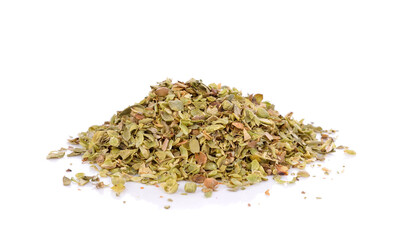 Pile of dried oregano leaves isolated on white background
