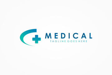 Healthcare Medical Logo. Blue Green Cross Plus Sign with Comet Wave Initial Letter C isolated on White Background. Flat Vector Logo Design Template Element.