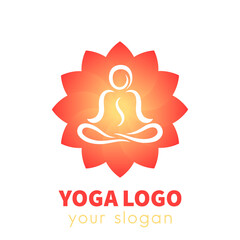 yoga logo elements, outline of man meditating over lotus flower, vector illustration