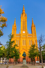 Evangelical Market Protestant church Wiesbaden or Marktkirche neo-Gothic style building and Wilhelm monument on Schlossplatz Palace Square in historical city centre, State of Hesse, Germany