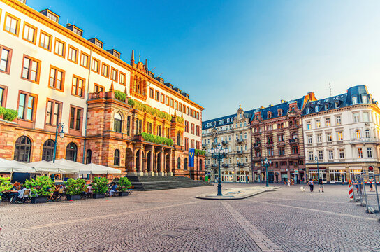 Wiesbaden City Palace Stadtschloss or New Town Hall Rathaus neo-classical building on Schlossplatz Palace Square in historical city centre, blue sky background, State of Hesse, Germany