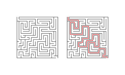 Labyrinth maze game for children. Difficult puzzle with solution. Vector illustration.