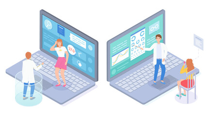 Isometric 3d illustration in flat style. Unhealthy woman have high temperature, making online consultation with physician through website. Patient checking vision in virtual medical cabinet in oculist