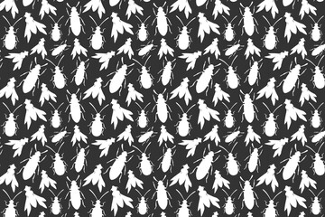 White bug shape. White insects shapes pattern on a black background.