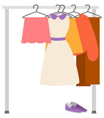 Wardrobe sale, clothes hanger, skirt and dress, sweater and trousers, shoes sell. Second hand store, retail of woman garment, shopping element vector