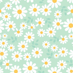 Seamless pattern with daisies and green leaves on green background vector.