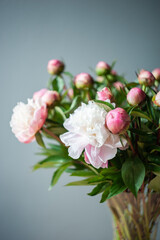 Bouquet of peonies. Pink and white peonies. Macro photo. Selective focus. Artistic style.