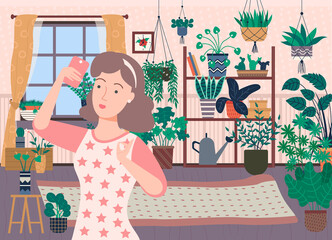 Pretty brunette woman taking selfie on phone at home. Many plants, flowers and cactuses on background in house like in orangery vector illustration - obrazy, fototapety, plakaty