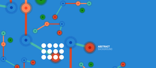 Flat style geometric abstract background, round dots or circle connections on color background. Technology network concept.