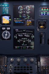 Control aviation panel of plane in cockpit. Plane cockpit with many function to control. Engine control wheel. Aviation dashboard in bussiness aviation.