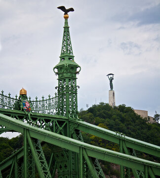 Liberty bridge of Budapest with the citadela in the background. 