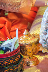 View of Khmer wedding, this is a traditional wedding follow Khmer culture,people in the traditional clothing participating in a wedding ceremony