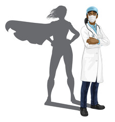 A female doctor super hero woman with stethoscope and mask PPE. With arms folded and serious but caring look. Revealed as a superhero by the shape of her shadow.