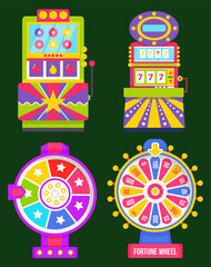 Machinery for playing and gambling vector, isolated set of game machine flat style. Arcade gambling games in casino. Fortune wheel pointing on money and reward in casino. Gaming computer machinery