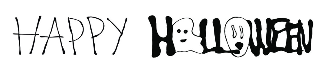 Vector Happy Halloween sign with a ghost and scary mask. Black and white banner for Halloween. Horizontal lettering of the autumn holiday characters in letters in doodle style.