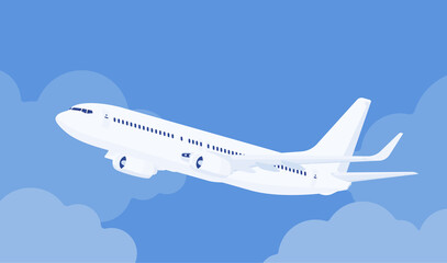 Fototapeta na wymiar Passenger white plane taking off, airline aircraft departure, leaving the ground for flight. Airport business vehicle sky travel jet or holiday aviation tourism. Vector flat style cartoon illustration