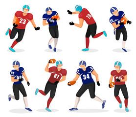 Collection of American football players. Isolated gridiron team members playing popular field game. atheletes in uniforms running with ball. Agressive kind of sports, tennagers hobby, vector in flat