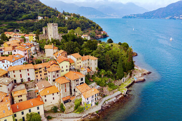 Naklejka na ściany i meble Como lake, Italy, town of Santa Maria Rezzonico, aerial view