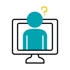education online concept computer with pictogram man on screen with question mark icon, half line half color style